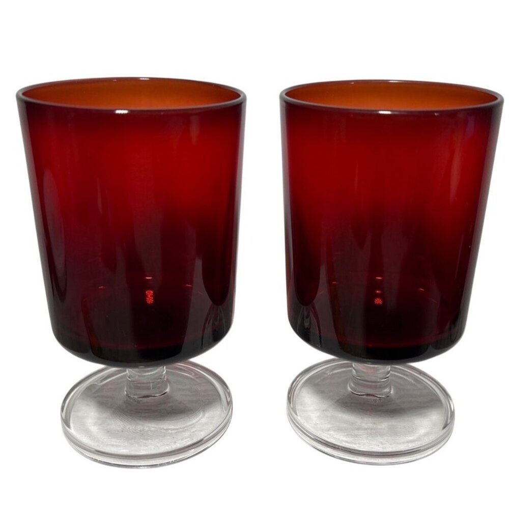 Vintage French Ruby Red Stemmed Glasses Set Of 2 With Clear Bases